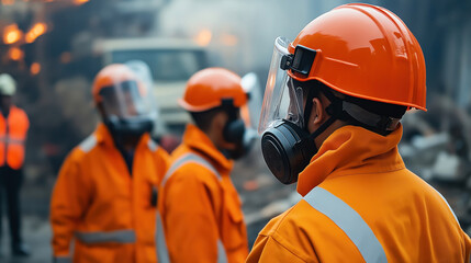 Fototapeta premium Group of emergency responders wearing orange protective suits, helmets, and gas masks in a disaster scene with smoke and fire in the background.