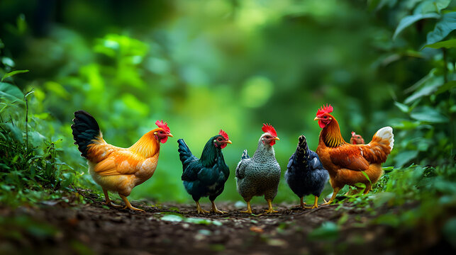 un grupo de gallinas en el campo al aire libre cacareando aves de corral animales de granja gallos y gallinas