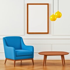 A stylish interior featuring a blue armchair, wooden coffee table, and yellow pendant lights, set against a white paneled wall with a blank picture frame.