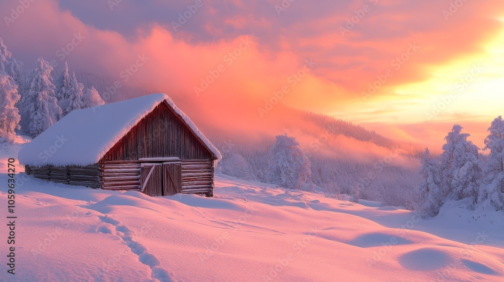 Poster a cozy log cabin stands alone in a snowy landscape, with trees blanketed in white. a warm glow from 