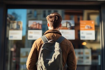Obraz premium Young man with short brown hair and a casual outfit seen from behind at real estate advertisements in an agency window on a sunny day 1