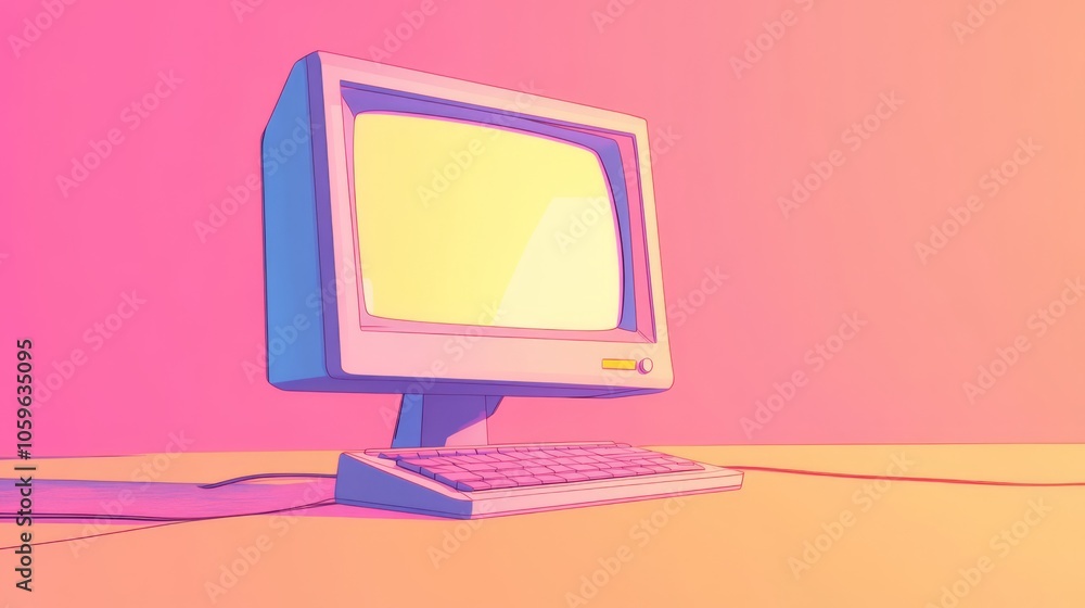 Poster retro computer with a blank screen on a yellow and pink gradient background.