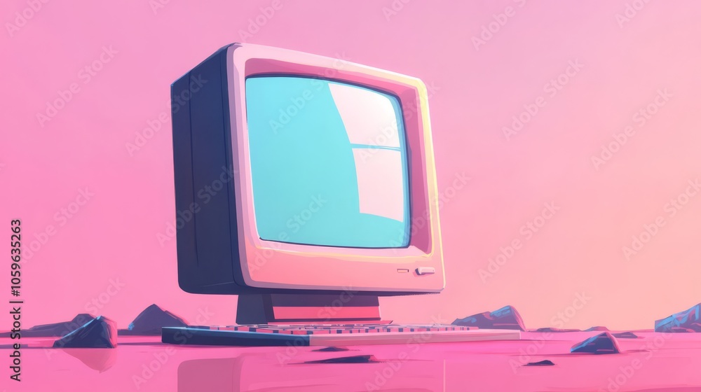 Poster retro computer with blank screen on pink background.