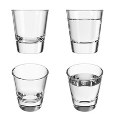 Shot glass with vodka on transparent isolated background. Set of empty glasses and with drink in different angles. Bar theme. 3d rendering.