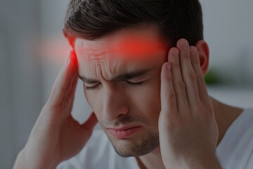 Fototapeta premium Close-up of a man sitting at a desk, holding his temples in pain from a migraine, with a blurred office background