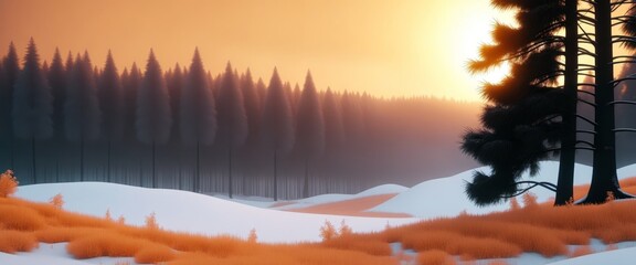 Obraz premium Serene winter forest at sunrise with snow-covered landscape and pine trees