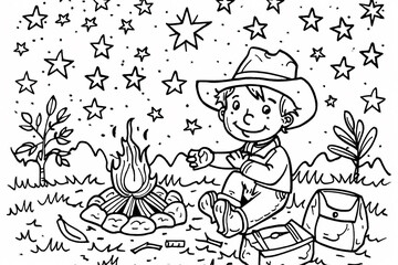 A cheerful young boy, dressed in a cowboy hat, enjoys roasting marshmallows by a campfire under a starlit sky.