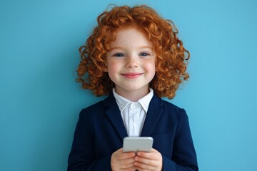 Grinning child with curly red hair wearing navy blazer using mobile, pale blue backdrop, natural light, torso shot at eye level 1