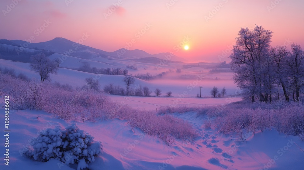 Poster the soft light of dawn illuminates a tranquil, snowy valley, with rolling hills and frosted trees un