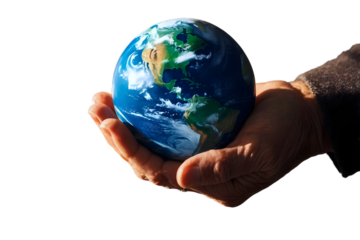 Old wrinkled hands holding planet earth, globe on the palm, eco environment, global connection, background	