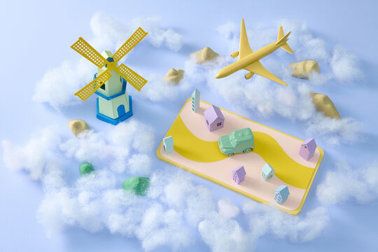 Dreamlike Miniature Scene with Airplane, Windmill, and Road
