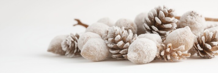 Frosted pine cones acorns Christmas winter background white holiday theme natural