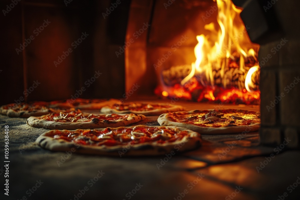 Poster several pizzas are cooking in a traditional oven, engulfed in flames, creating a warm and inviting a