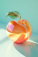 a Peach made of colored glass against a light teal background