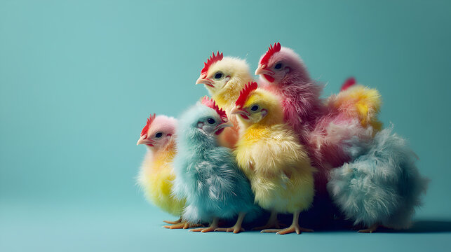 un grupo de pollos recien nacidos polluelos de colores con cresta roja sobre un fondo liso con espacio de copia aves de granja en el campo animales de granja