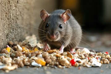 A grey rat rummaging through a pile of discarded food in an alley, showcasing its resourcefulness with a wary look under the streetlight 3