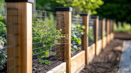 The wooden fence showcases thriving green garden beds filled with healthy plants, creating a beautiful and natural backdrop. Generative AI