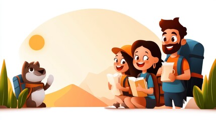Animated scene of friends enjoying a hiking trip with a dog in a picturesque mountain setting, embodying adventure, companionship, and love for nature.