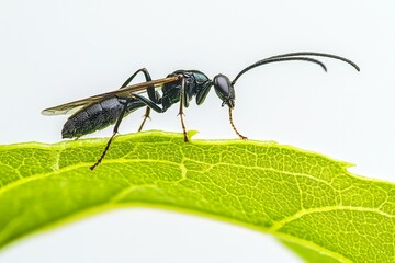 Close up portrait of a braconid wasp on leaf, side view against clean white background