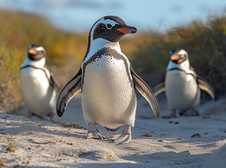 Obraz premium Explore the charm of the Magellanic Penguin with this captivating photo, capturing its unique markings and playful nature. Ideal for prints, posters, and unique merchandise.