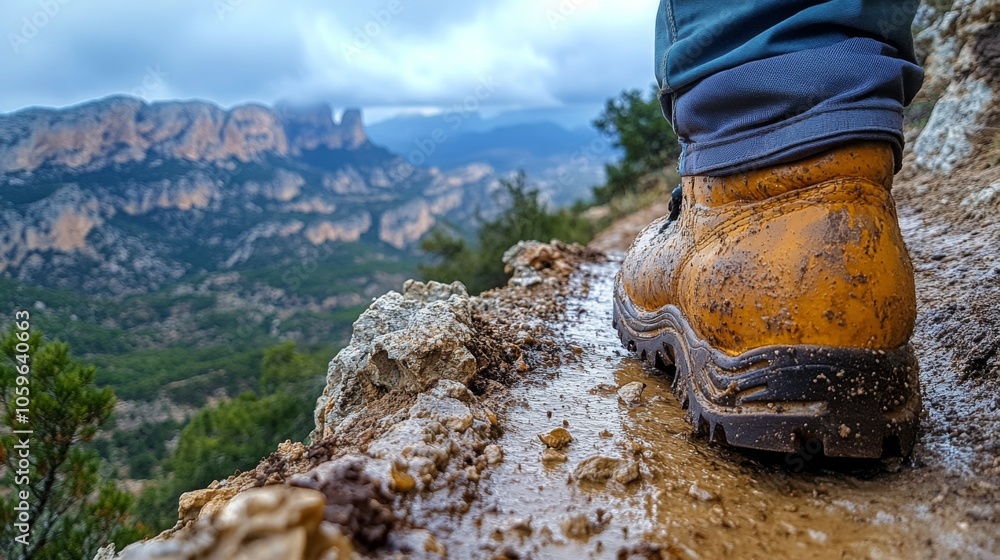 Aufkleber a hiker takes strides along a muddy trail, their worn boot showing signs of adventure. majestic moun