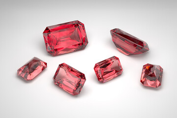 Scattering of rubies of different sizes on the white background. Exhibition of precious stones. Criss cut. 3d rendering.