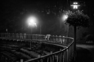 Straßenlaternen erleuchten die Nacht in einem kunstvollen Schwarz-Weiß-Foto an der Uferpromenade...