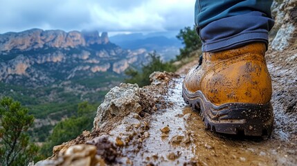 A hiker takes strides along a muddy trail, their worn boot showing signs of adventure. Majestic mountains rise in the background under a cloudy sky.