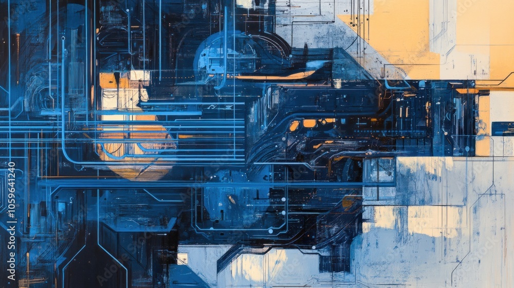 Poster abstract digital art with blue and orange hues and intricate lines representing a futuristic circuit