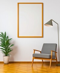 A modern lounge setting features a gray armchair, a tall floor lamp, a potted plant, and an empty wooden frame on a wall, creating a warm, inviting atmosphere.