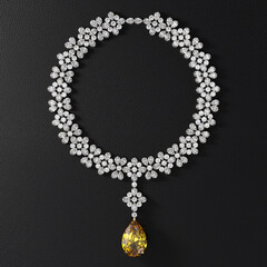 Luxurious necklace of diamonds and yellow sapphire in pear cut on the leather stand. Jewelry showcase. View from above. 3d rendering.