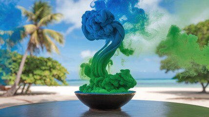 A vibrant swirl of blue and green smoke emanates from a bowl, set against a serene tropical beach backdrop, creating a striking contrast with the clear blue sky.