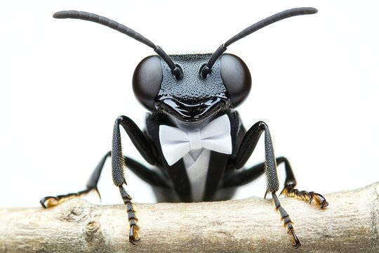 Elegant braconid wasp in tuxedo with bow tie, perched on twig against minimalistic white background isolated