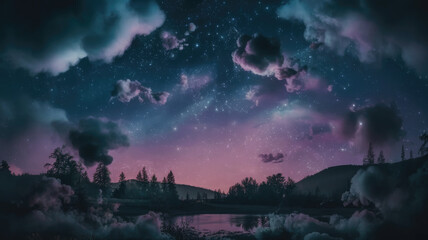 Obraz premium A stunning night sky full of stars and vibrant colors, with clouds adding depth, creating a serene and mystical atmosphere over a tranquil water body.