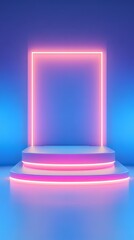 Obraz premium product display podium with neon lights and blue background