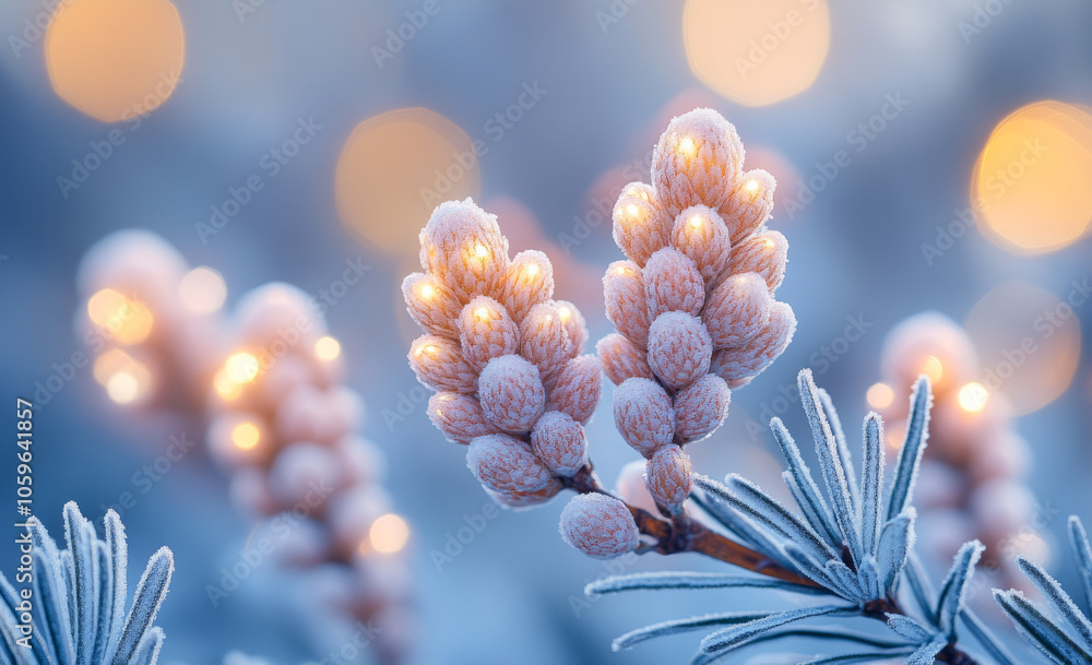 Poster pine cones glow with bokeh lights. frosty pine cones glow softly against a blurred background of war