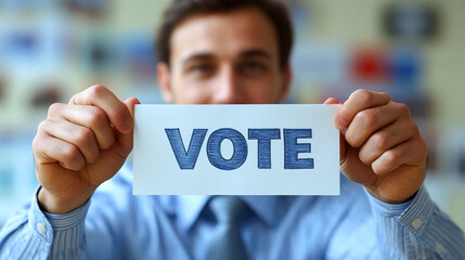 Engage in democracy by voting in local elections. A man holds a sign declaring VOTE, encouraging civic participation and highlighting the importance of elections in community engagement.