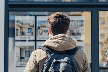 Young man with a light jacket and a camera seen from behind at real estate advertisements in a stylish agency window on a clear spring day 2