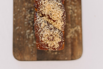 Close-up of loaf bread with sesame seeds sprinkles