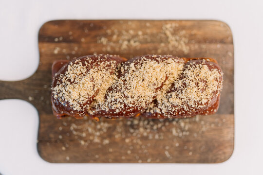 Top view of freshly baked sesame-seed loaf bread
