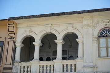 Detailed view of windows, doors and balconies of city buildings 