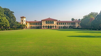Fototapeta premium A grand, yellow building with a red roof stands on a lush green lawn.