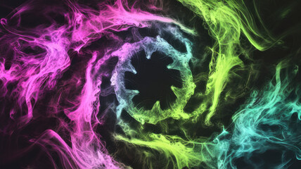 Obraz premium A vibrant abstract swirl of multicolored smoke, featuring pink, green, and blue hues, creating a mesmerizing circular pattern against a dark background.