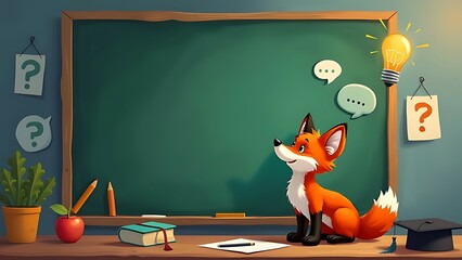 A curious fox cub standing next to a large chalkboard, with digital elements like a light bulb, and a graduation cap, symbolizing smart learning.