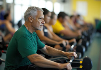 Group of people working out intensely on rowing machines at the gym