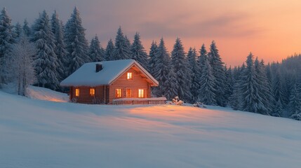 A wooden house stands bright with warm lights, surrounded by tall snow-laden trees under a softly lit sky at dusk. The serene winter scene evokes peace and comfort.