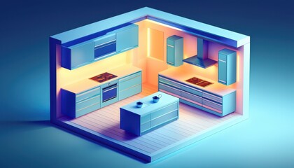 A modern, minimalist kitchen design in a vibrant blue and orange color scheme.