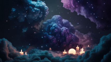A serene celestial scene with glowing candles and a large moon amidst vibrant clouds, creating a mystical atmosphere filled with twinkling stars.