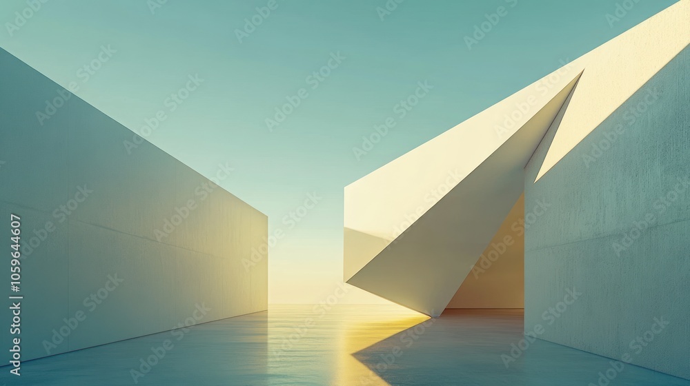 Poster minimalist abstract architecture with a triangular opening and reflecting floor, rendered in 3d with