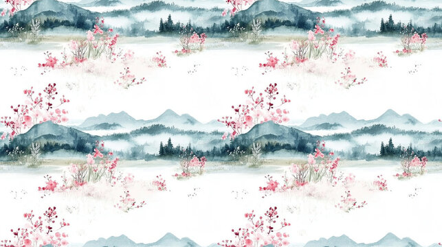 Seamless watercolor floral pattern depicting a serene landscape ideal for wedding invitations and decor